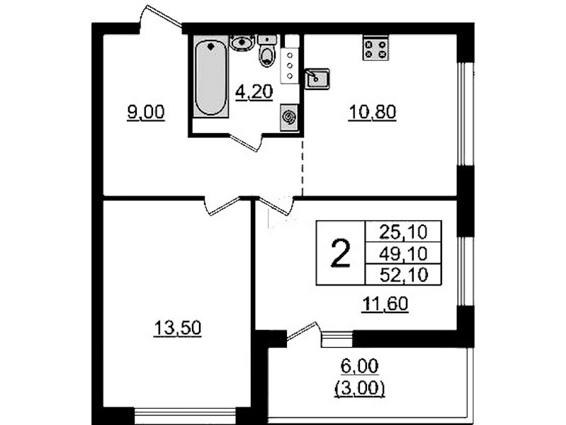 2-комнатная квартира 52.1 м², 4/9 эт., ЖК «А101 Лаголово»